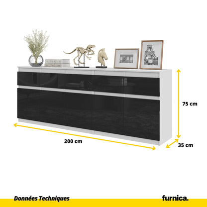 NOAH - Commode 5 Tiroirs et 5 Portes - Armoire de Rangement pour Couloir / Chambre à Coucher - Buffet - Blanc Matt / Noir Brillant H75cm L200cm P35cm