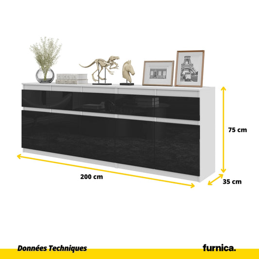 NOAH - Commode 5 Tiroirs et 5 Portes - Armoire de Rangement pour Couloir / Chambre à Coucher - Buffet - Blanc Matt / Noir Brillant H75cm L200cm P35cm