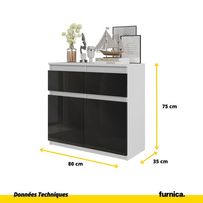 NOAH - Commode 2 Tiroirs et 2 Portes - Meuble de Rangement pour Couloir/Chambre - Buffet - H75cm L80cm P35cm (Blanc/Noir Brillant)