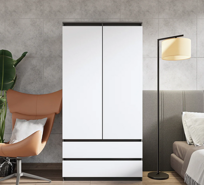 JOELLE - Armoire 2 Portes avec 2 Tiroirs - Anthracite / Blanc Matt H180cm L90cm P50cm