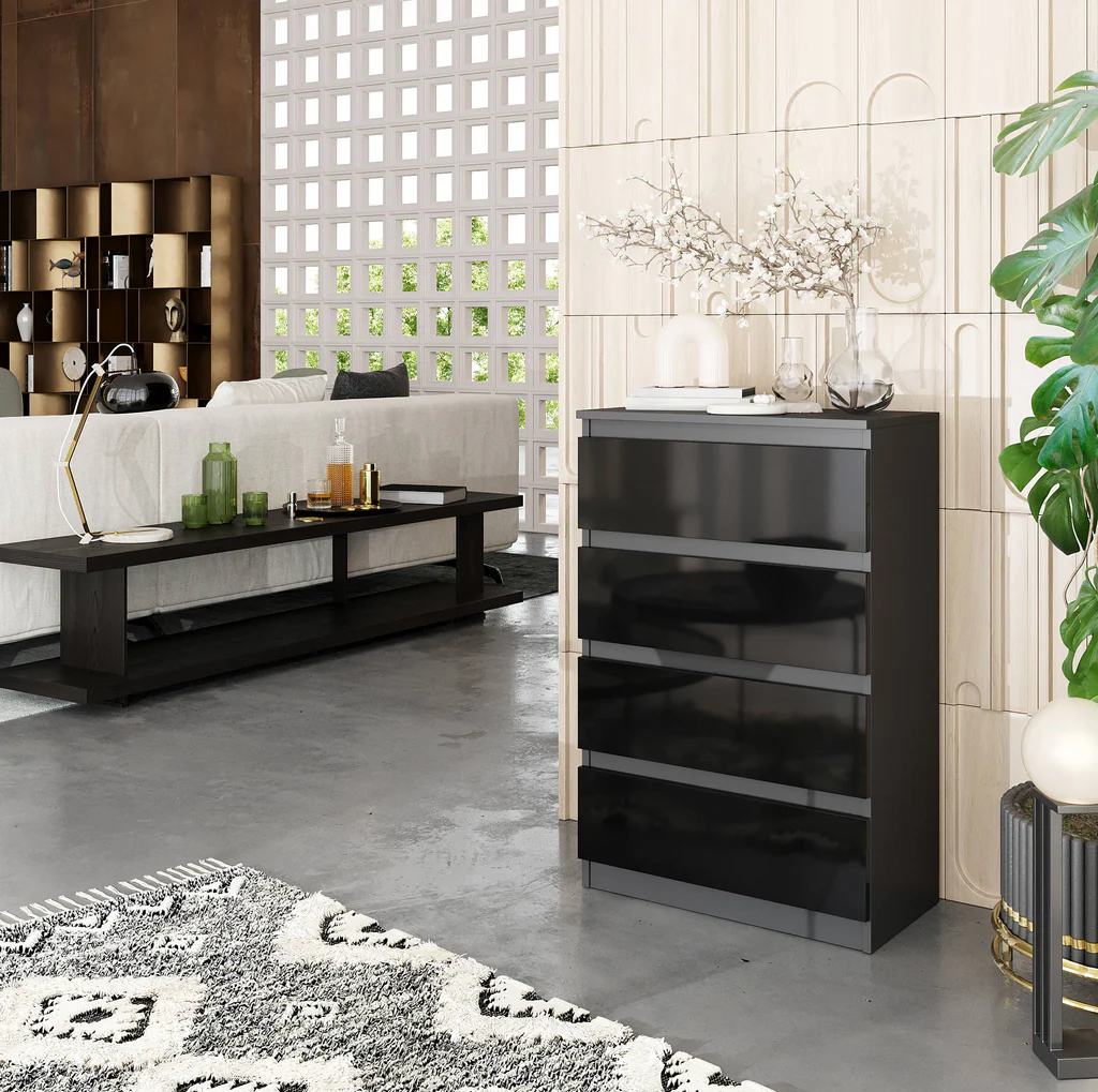 GABRIEL - Commode 4 Tiroirs - Table de Chevet Buffet - H92cm L60cm P33cm (Anthracite / Noir Brillant)