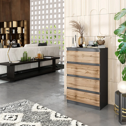 GABRIEL - Commode 4 Tiroirs - Table de Chevet Buffet - H92cm L60cm P33cm (Anthracite / Chêne Wotan)