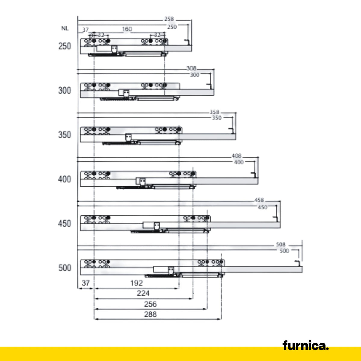 Ensemble de glissières dissimulée à fermeture silencieuse (gauche et droite) 450mm (3) – Furnica