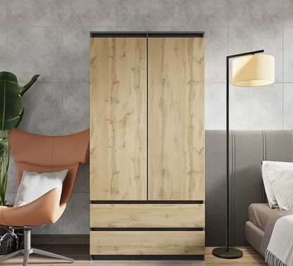 JOELLE - Armoire 2 Portes avec 2 Tiroirs - Anthracite / Chêne Wotan H180cm L90cm P50cm