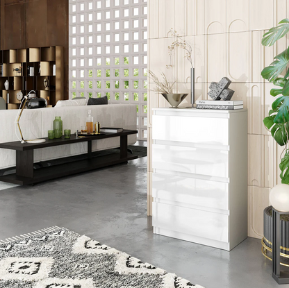 GABRIEL - Commode 4 Tiroirs - Table de Chevet Buffet - H92cm L60cm P33cm (Blanc Matt / Blanc Brillant)