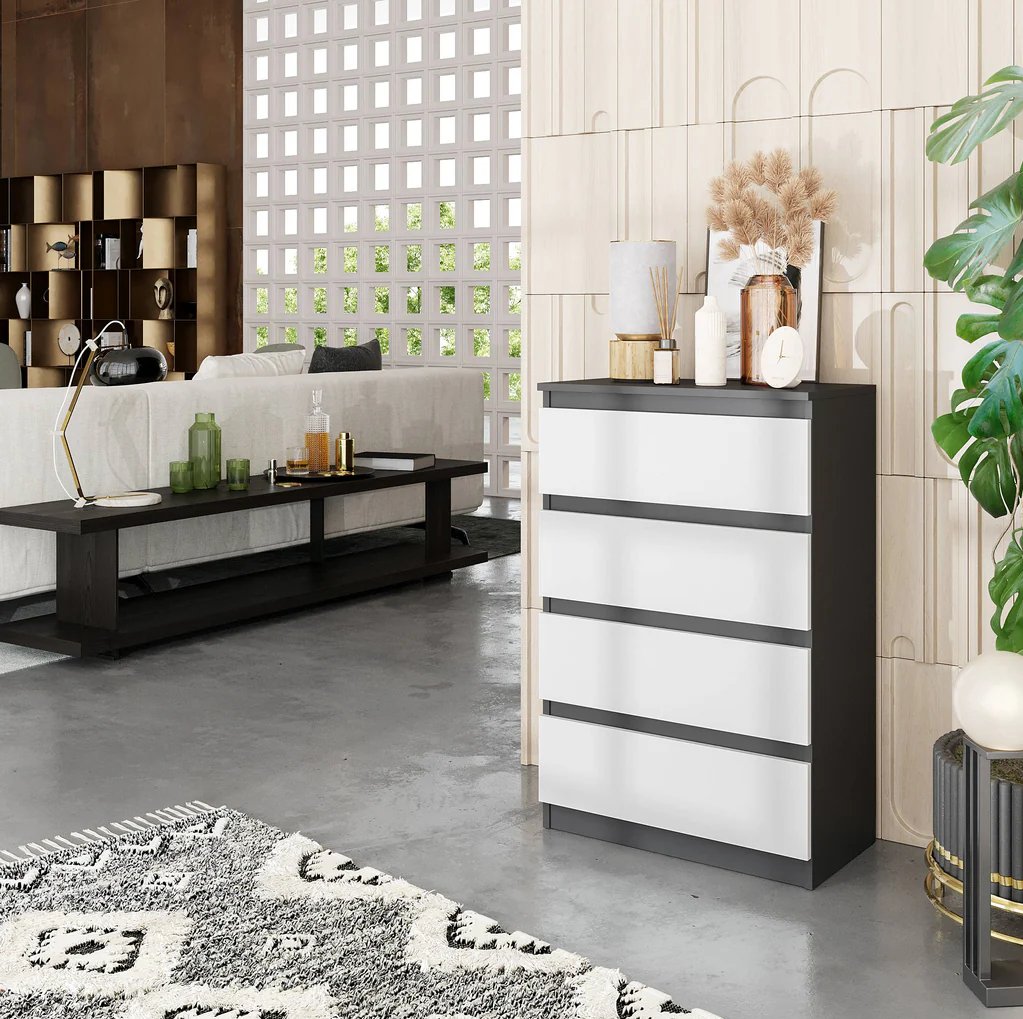 GABRIEL - Commode 4 Tiroirs - Table de Chevet Buffet - H92cm L60cm P33cm (Anthracite / Blanc Matt)