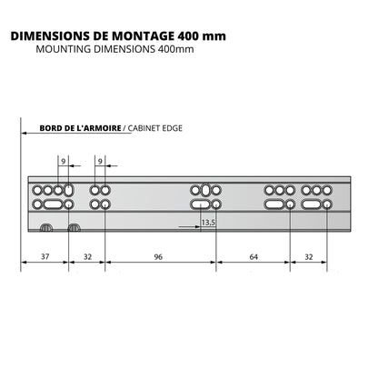 Ensemble de glissières dissimulée à fermeture silencieuse (gauche et droite), extension complète 250-600mm