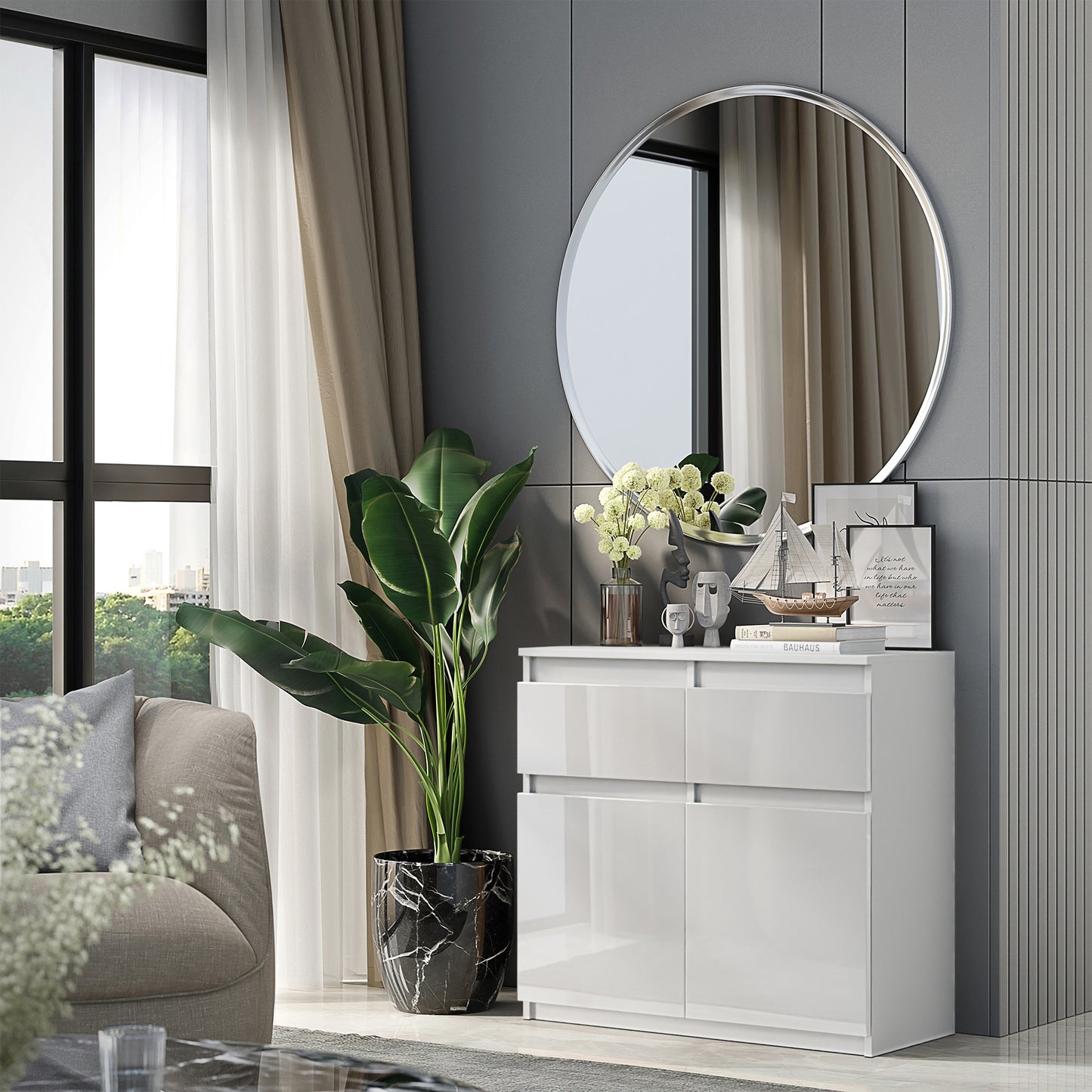 NOAH - Commode 2 Tiroirs et 2 Portes - Meuble de Rangement pour Couloir/Chambre - Buffet - H75cm L80cm P35cm (Blanc Matt/Blanc Brillant)