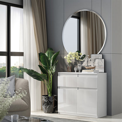 NOAH - Commode 2 Tiroirs et 2 Portes - Meuble de Rangement pour Couloir/Chambre - Buffet - H75cm L80cm P35cm (Blanc Matt/Blanc Brillant)