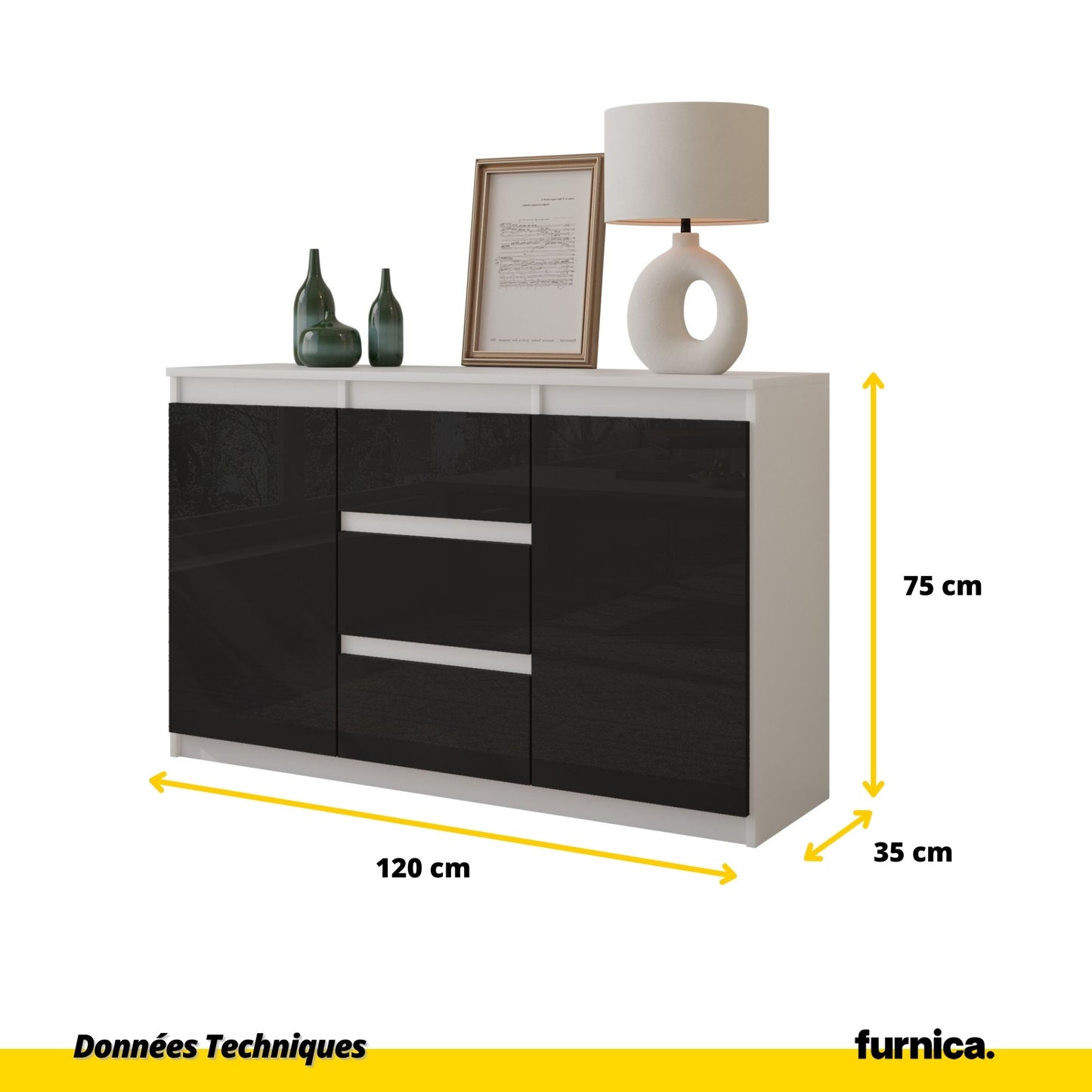 MIKEL - Commode 3 Tiroirs et 2 Portes - Armoire de Rangement pour Couloir/Chambre à Coucher - Buffet - H75cm L120cm P35cm (Blanc/Noir Brillant)