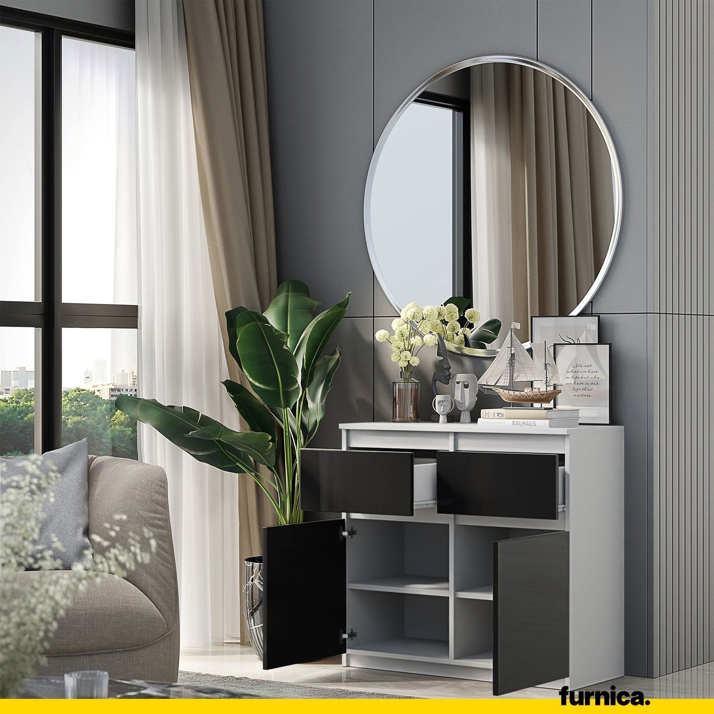 NOAH - Commode 2 Tiroirs et 2 Portes - Meuble de Rangement pour Couloir/Chambre - Buffet - H75cm L80cm P35cm (Blanc/Noir Brillant)