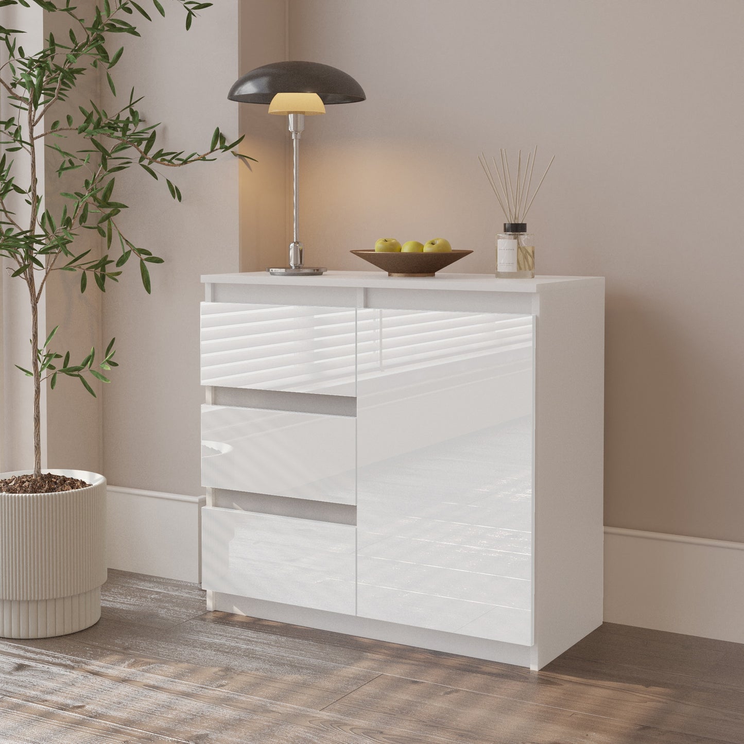 MIKEL - Commode 3 Tiroirs et 1 Porte - Armoire de Rangement pour Couloir/Chambre à Coucher - Buffet - H75cm L80cm P35cm (Blanc Matt/Blanc Brillant)
