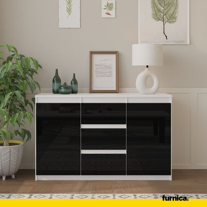 MIKEL - Commode 3 Tiroirs et 2 Portes - Armoire de Rangement pour Couloir/Chambre à Coucher - Buffet - H75cm L120cm P35cm (Blanc/Noir Brillant)