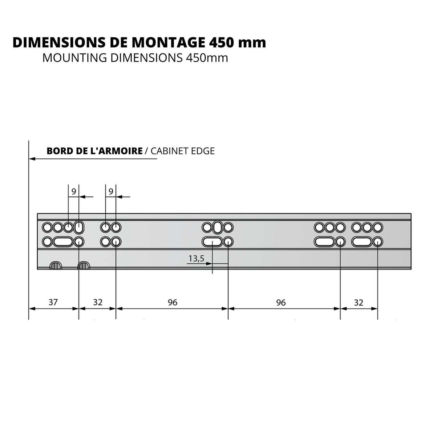 Ensemble de glissières dissimulée à fermeture silencieuse (gauche et droite), extension complète 250-600mm