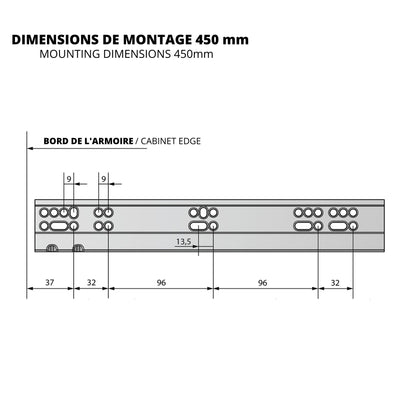 Ensemble de glissières dissimulée à fermeture silencieuse (gauche et droite), extension complète 250-600mm
