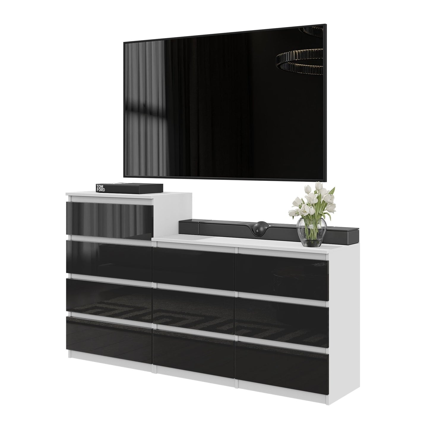 GABRIEL - Commode 10 Tiroirs (6+4) - H92/70 cm L160 cm P33 cm (Blanc / Noir Brillant)
