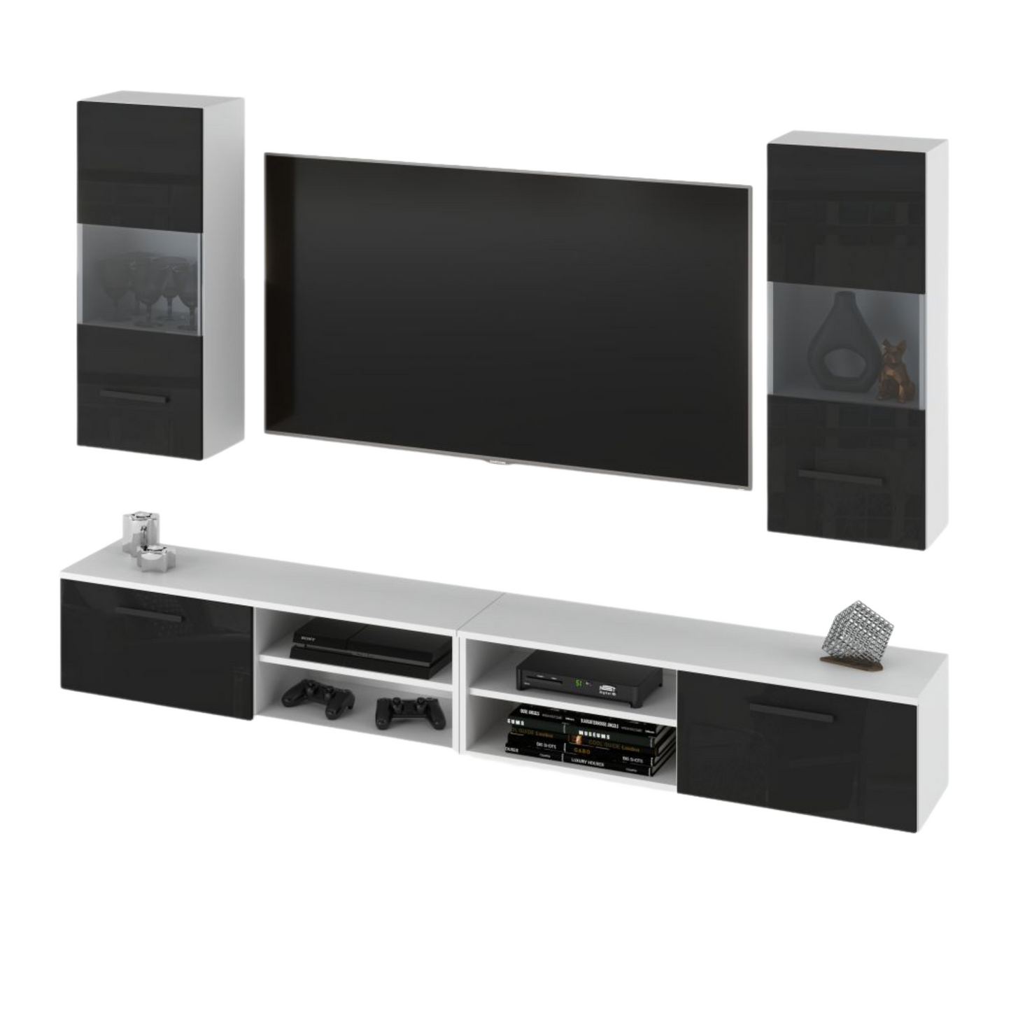 MIRANDA - Meuble TV Suspendu - 4 Armoires - Blanc Matt / Noir Brillant