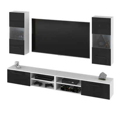 MIRANDA - Meuble TV Suspendu - 4 Armoires - Blanc Matt / Noir Brillant