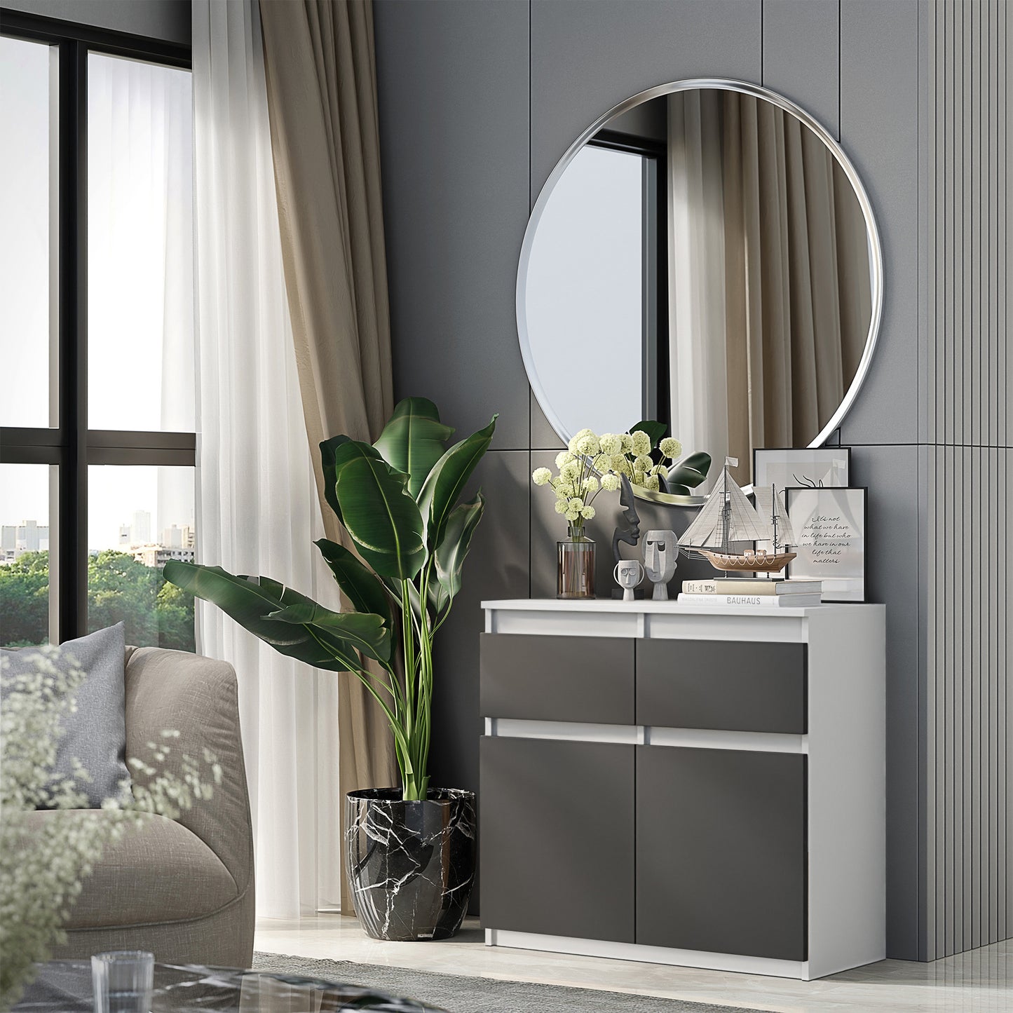NOAH - Commode 2 Tiroirs et 2 Portes - Meuble de Rangement pour Couloir/Chambre - Buffet - H75cm L80cm P35cm (Blanc/Anthracite)