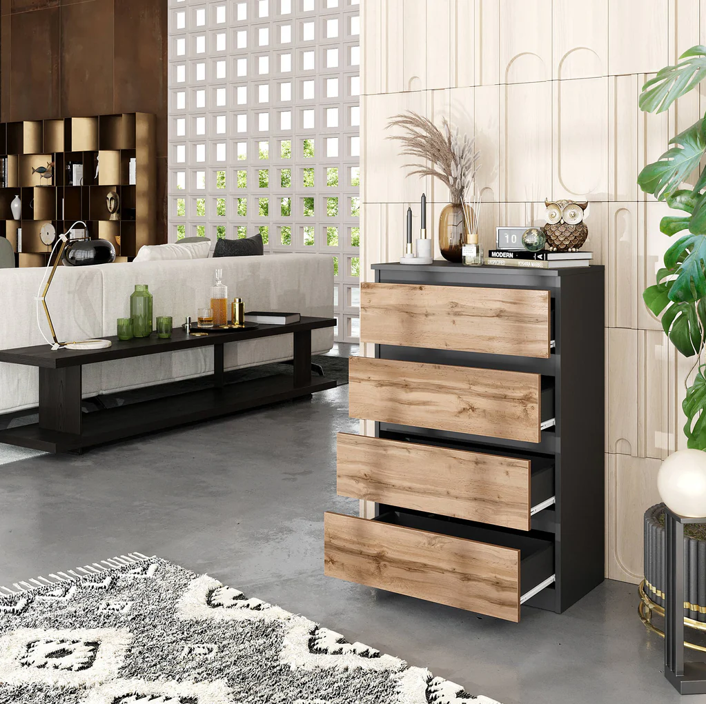GABRIEL - Commode 4 Tiroirs - Table de Chevet Buffet - H92cm L60cm P33cm (Anthracite / Chêne Wotan)