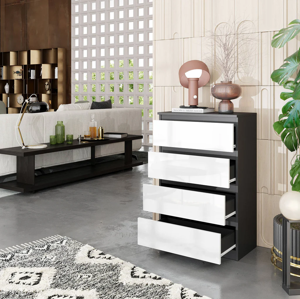 GABRIEL - Commode 4 Tiroirs - Table de Chevet Buffet - H92cm L60cm P33cm (Anthracite / Blanc Brillant)