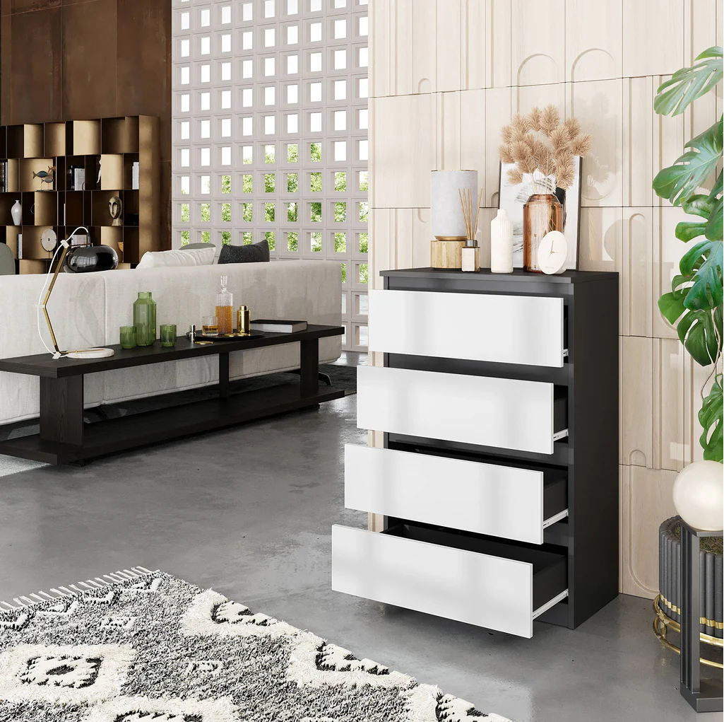GABRIEL - Commode 4 Tiroirs - Table de Chevet Buffet - H92cm L60cm P33cm (Anthracite / Blanc Matt)