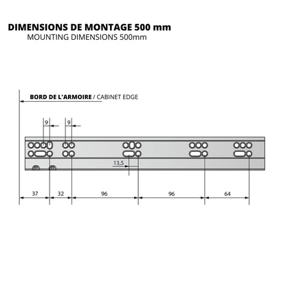 Ensemble de glissières dissimulée à fermeture silencieuse (gauche et droite), extension complète 250-600mm