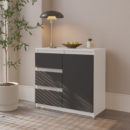 MIKEL - Commode 3 Tiroirs et 1 Porte - Armoire de Rangement pour Couloir/Chambre à Coucher - Buffet - H75cm L80cm P35cm (Blanc/Anthracite)