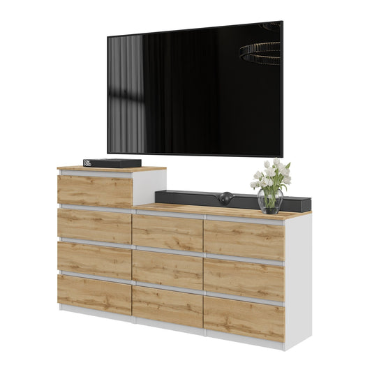 GABRIEL - Commode 10 Tiroirs (6+4) - H92/70 cm L160 cm P33 cm (Blanc / Chêne Wotan)
