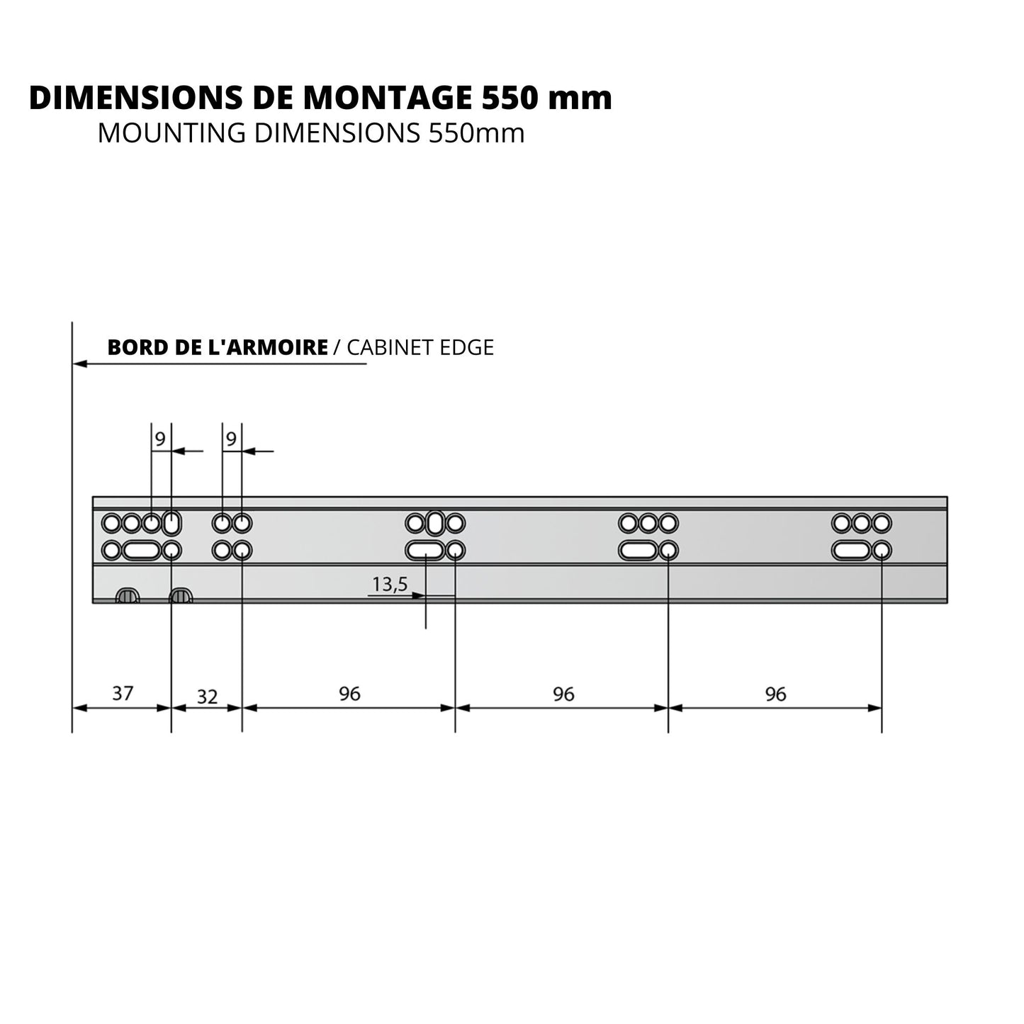 Ensemble de glissières dissimulée à fermeture silencieuse (gauche et droite), extension complète 250-600mm