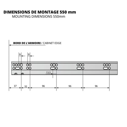 Ensemble de glissières dissimulée à fermeture silencieuse (gauche et droite), extension complète 250-600mm