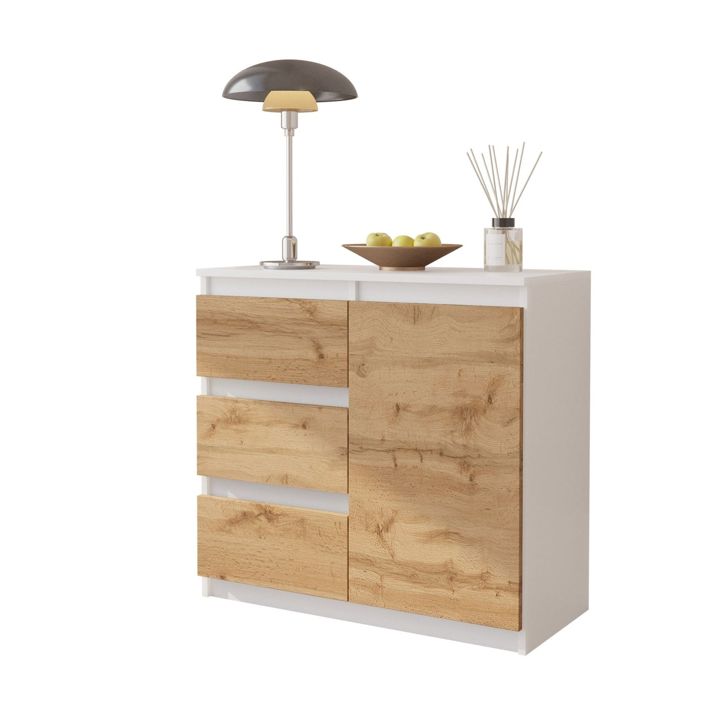 MIKEL - Commode 3 Tiroirs et 1 Porte - Armoire de Rangement pour Couloir/Chambre à Coucher - Buffet - H75cm L80cm P35cm (Blanc/Chêne Wotan)