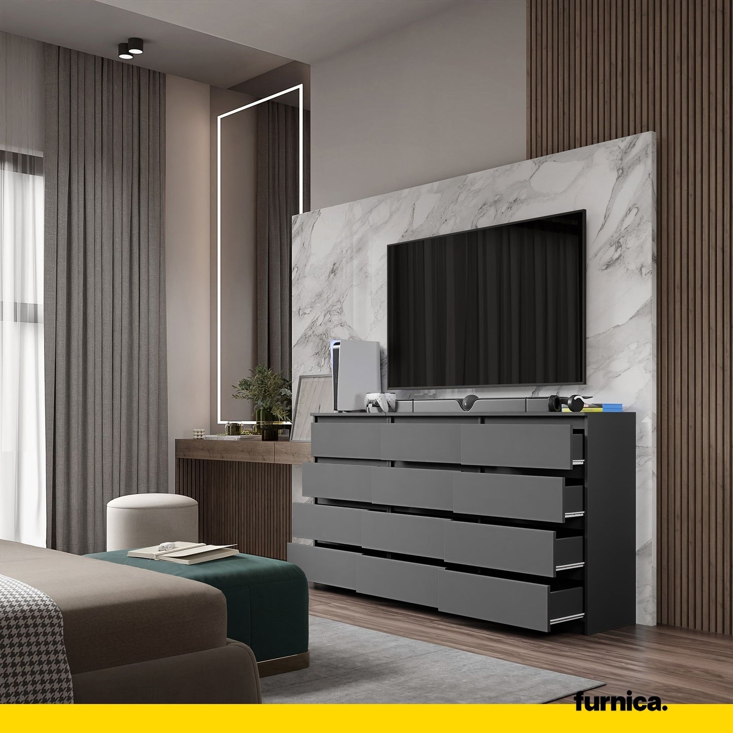 GABRIEL - Commode 12 Tiroirs (8+4) - H92cm L180cm P33cm (Anthracite)