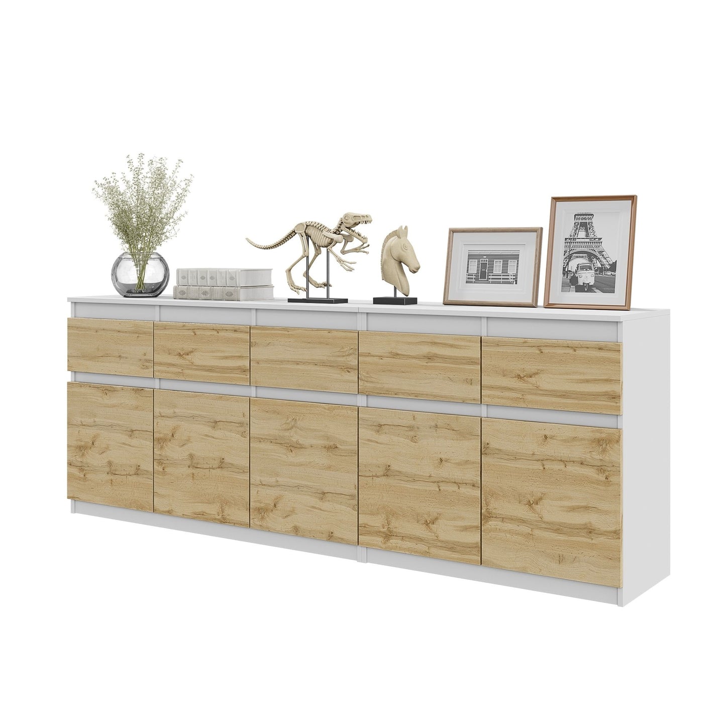 NOAH - Commode 5 Tiroirs et 5 Portes - Armoire de Rangement pour Couloir / Chambre à Coucher - Buffet - Blanc Matt / Chêne Wotan H75cm L200cm P35cm