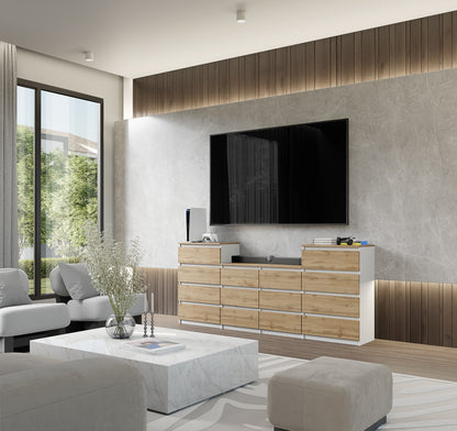 GABRIEL - Commode 14 Tiroirs (4+6+4) - H92cm L220cm P33cm (Blanc / Chêne Wotan)