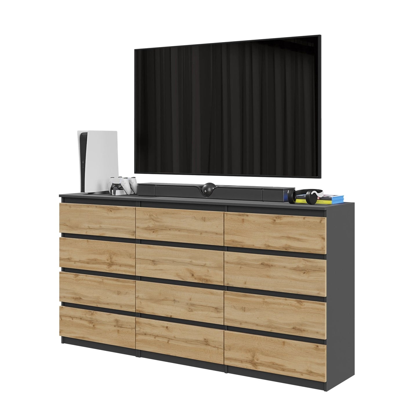 GABRIEL - Commode 12 Tiroirs (8+4) - H92cm L180cm P33cm (Anthracite / Chêne Wotan)