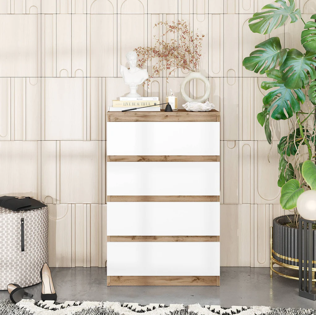 GABRIEL - Commode 4 Tiroirs - Table de Chevet Buffet - H92cm L60cm P33cm (Chêne Wotan / Blanc Matt)