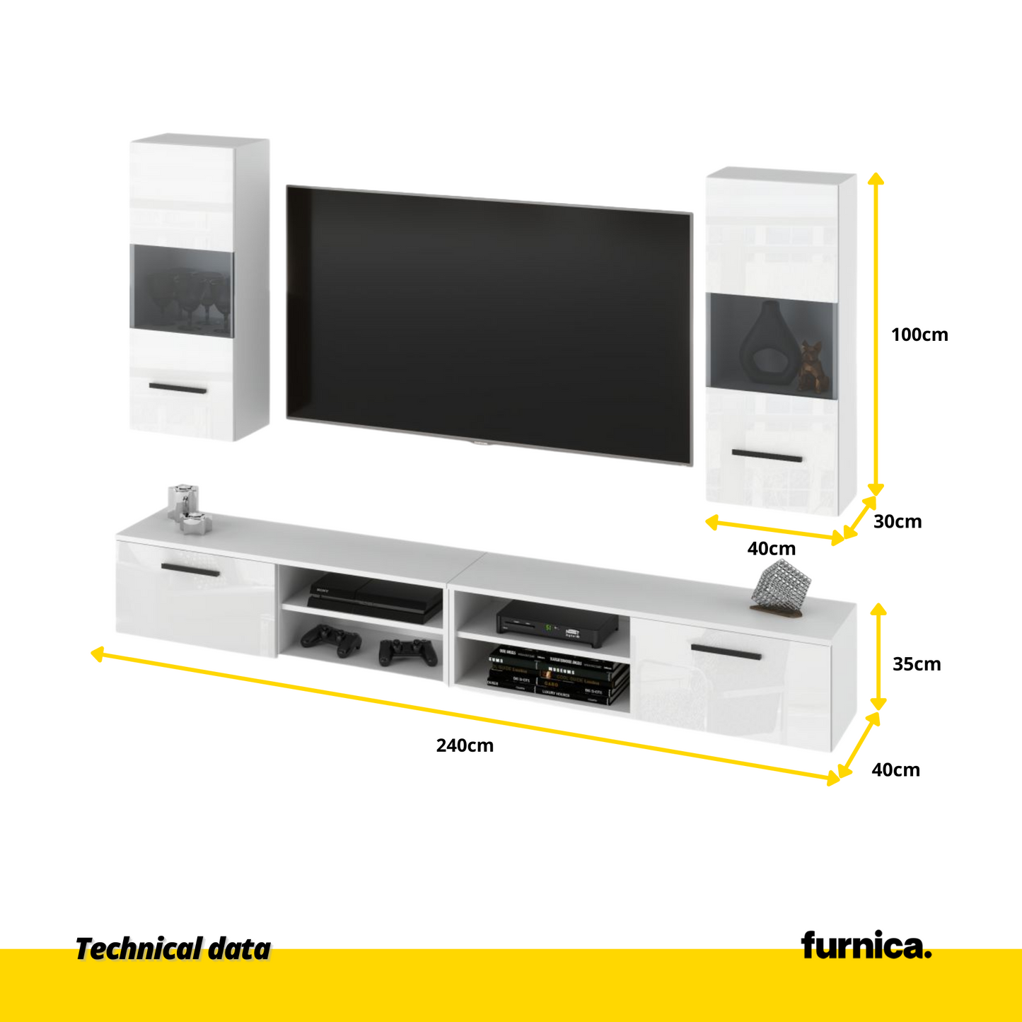 MIRANDA - Meuble TV Suspendu - 4 Armoires - Blanc Matt / Blanc Brillant