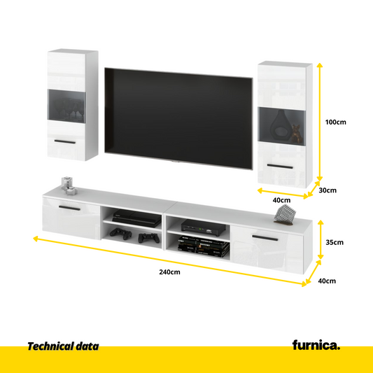 MIRANDA - Meuble TV Suspendu - 4 Armoires - Blanc Matt / Blanc Brillant