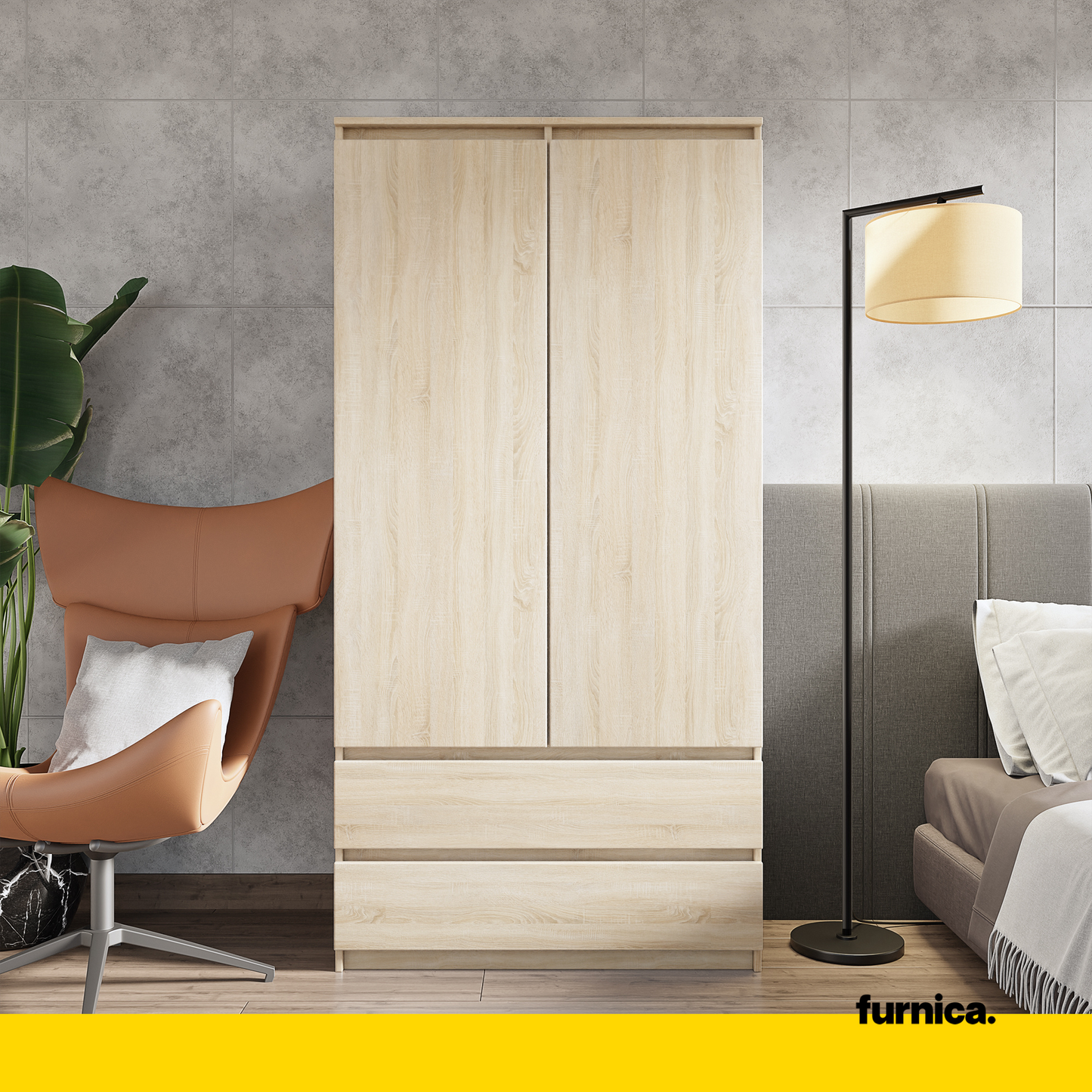 JOELLE - Armoire 2 Portes avec 2 Tiroirs - Chêne Sonoma H180cm L90cm P50cm
