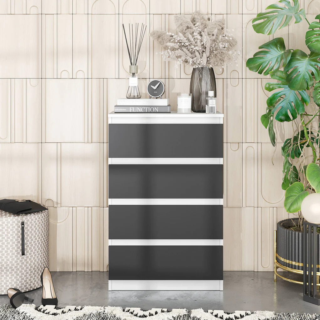 GABRIEL - Commode 4 Tiroirs - Table de Chevet Buffet - H92cm L60cm P33cm (Blanc Matt / Anthracite)