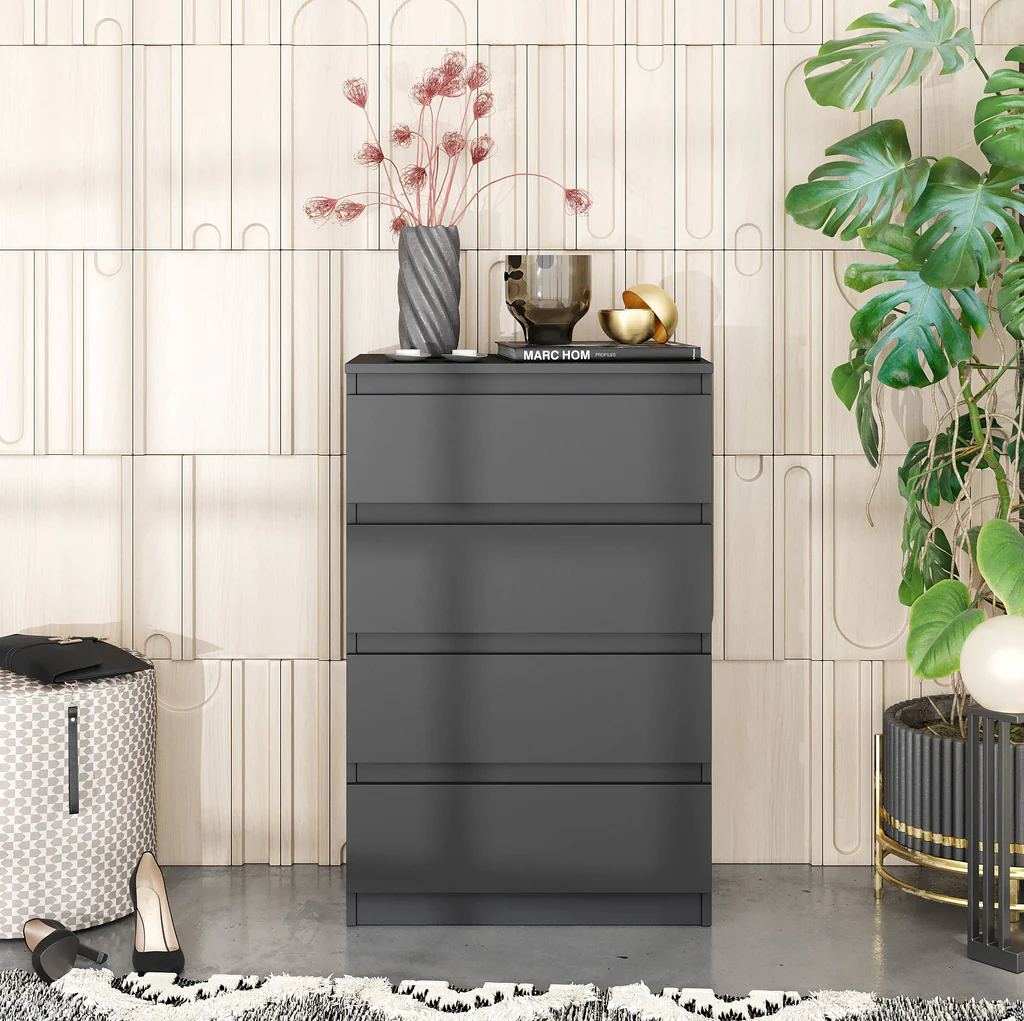 GABRIEL - Commode 4 Tiroirs - Table de Chevet Buffet - H92cm L60cm P33cm (Anthracite)