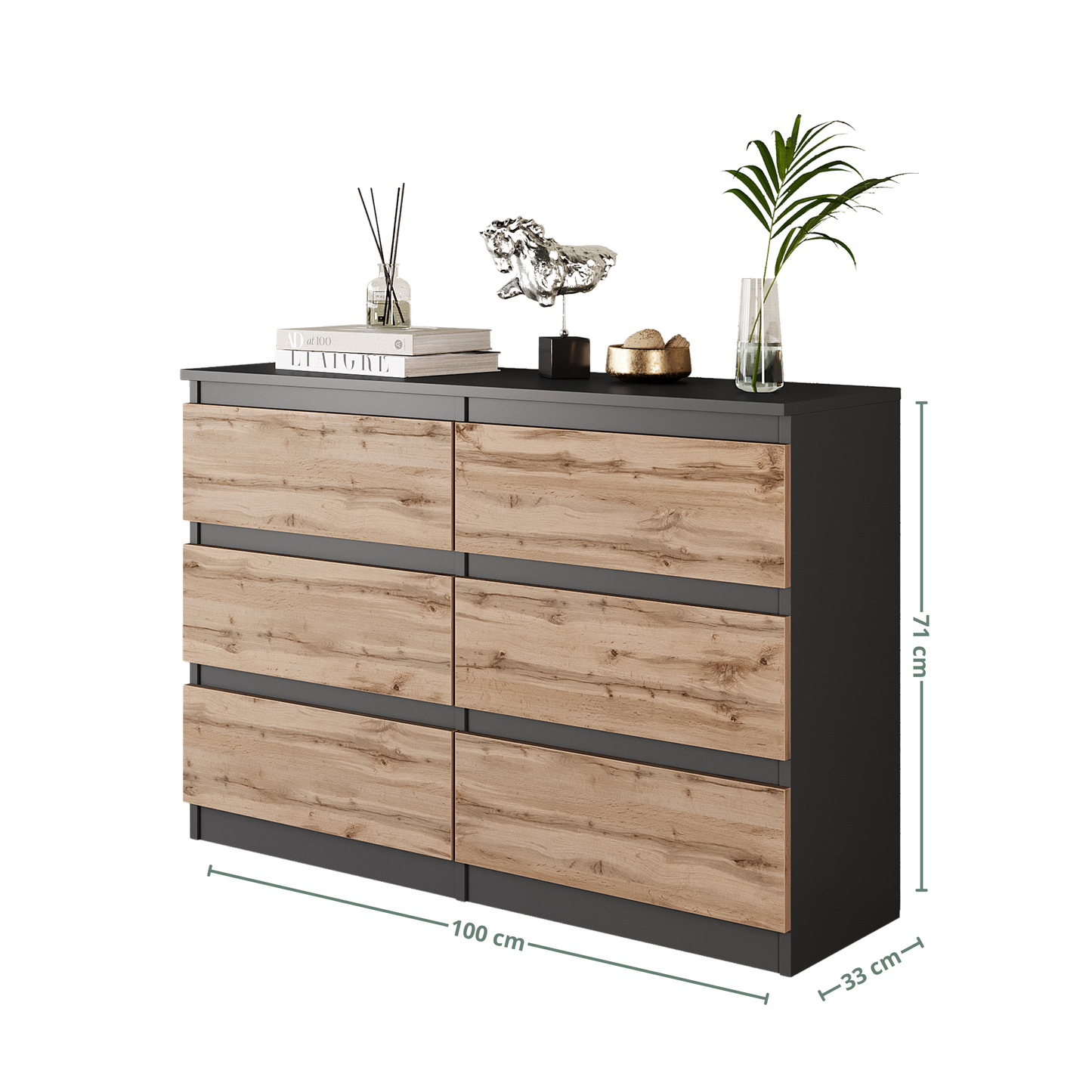 GABRIEL - Commode 6 Tiroirs - Buffet de Chevet - H71 cm L100 cm P33 cm (Anthracite / Chêne Wotan)