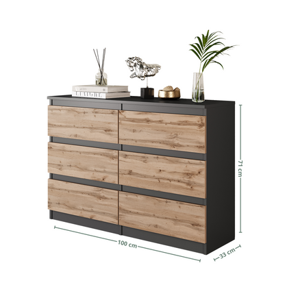 GABRIEL - Commode 6 Tiroirs - Buffet de Chevet - H71 cm L100 cm P33 cm (Anthracite / Chêne Wotan)