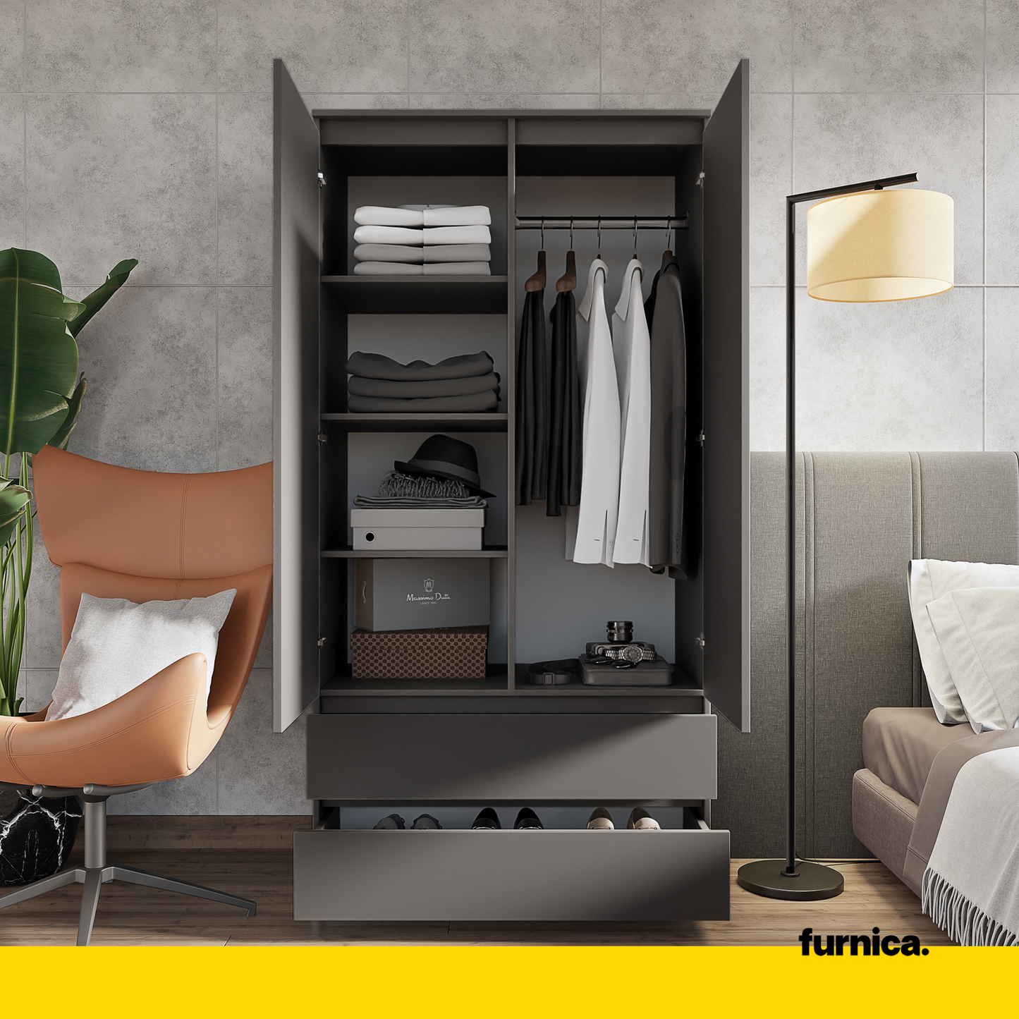 JOELLE - Armoire 2 Portes avec 2 Tiroirs - Anthracite H180cm L90cm P50cm