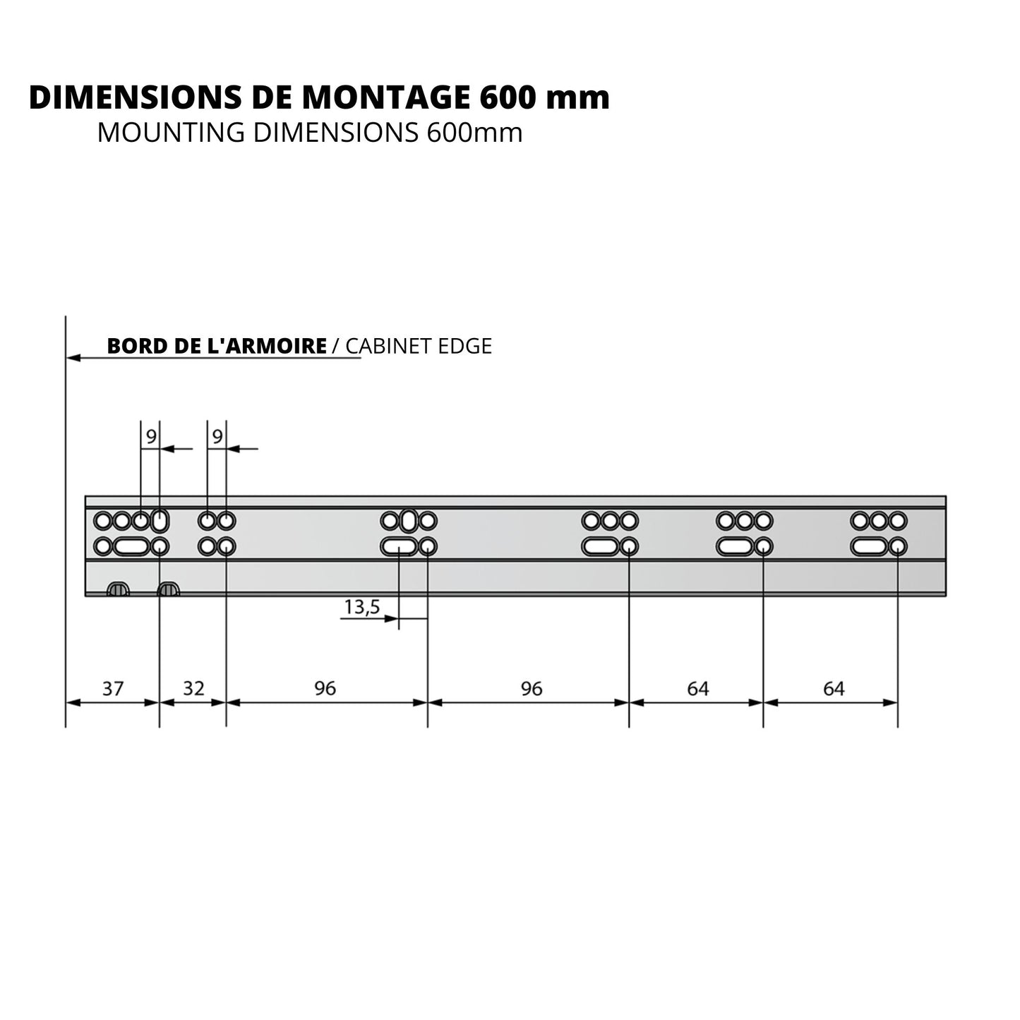 Ensemble de glissières dissimulée à fermeture silencieuse (gauche et droite), extension complète 250-600mm