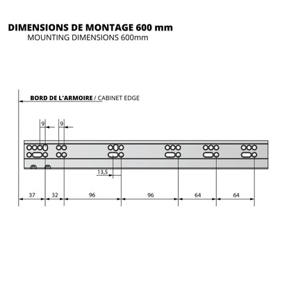 Ensemble de glissières dissimulée à fermeture silencieuse (gauche et droite), extension complète 250-600mm