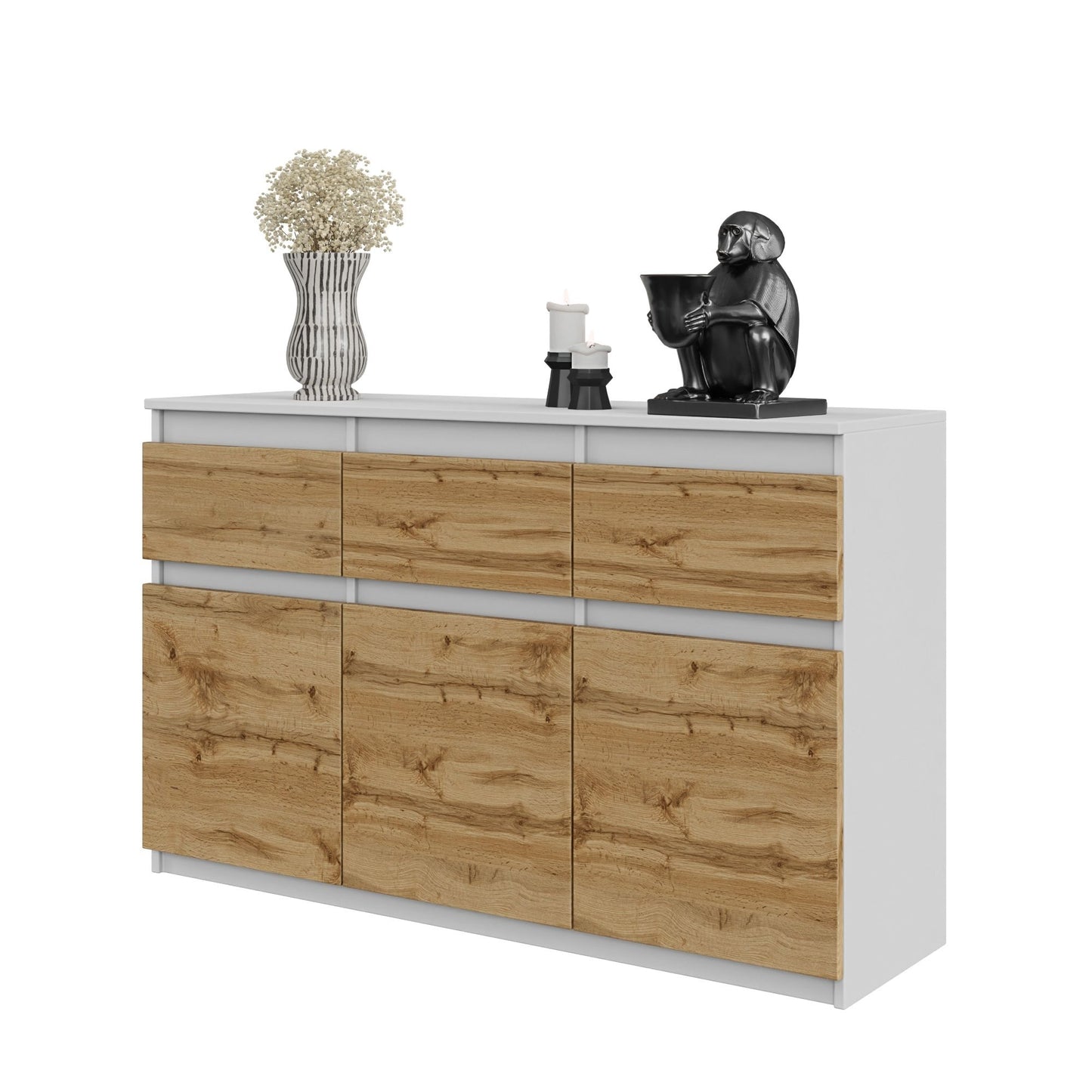 NOAH - Commode 3 Tiroirs et 3 Portes - Meuble de Rangement pour Couloir/Chambre - Buffet - H75cm L120cm P35cm (Blanc/Chêne Wotan)