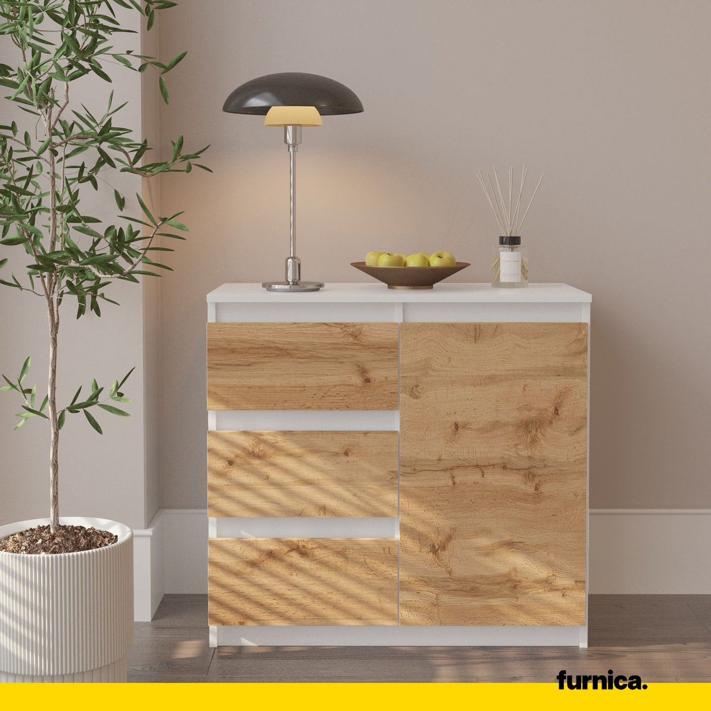 MIKEL - Commode 3 Tiroirs et 1 Porte - Armoire de Rangement pour Couloir/Chambre à Coucher - Buffet - H75cm L80cm P35cm (Blanc/Chêne Wotan)