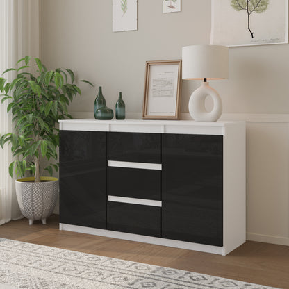 MIKEL - Commode 3 Tiroirs et 2 Portes - Armoire de Rangement pour Couloir/Chambre à Coucher - Buffet - H75cm L120cm P35cm (Blanc/Noir Brillant)